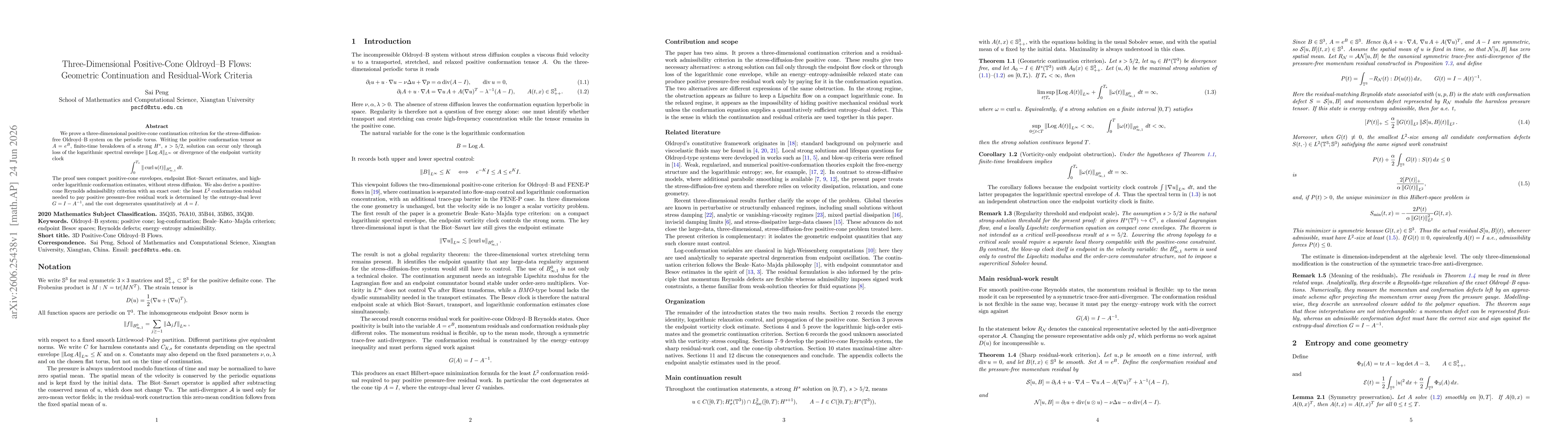 Thumbnail for Three-Dimensional Positive-Cone Oldroyd-B Flows:Geometric Continuation and Residual-Work Criteria