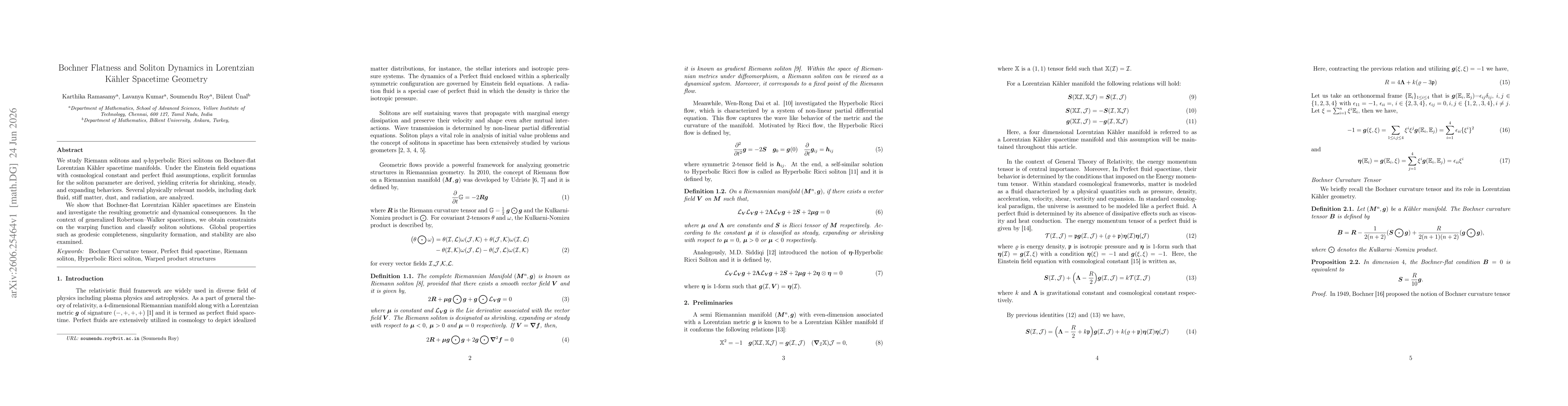 Thumbnail for Bochner Flatness and Soliton Dynamics in Lorentzian Kähler Spacetime Geometry