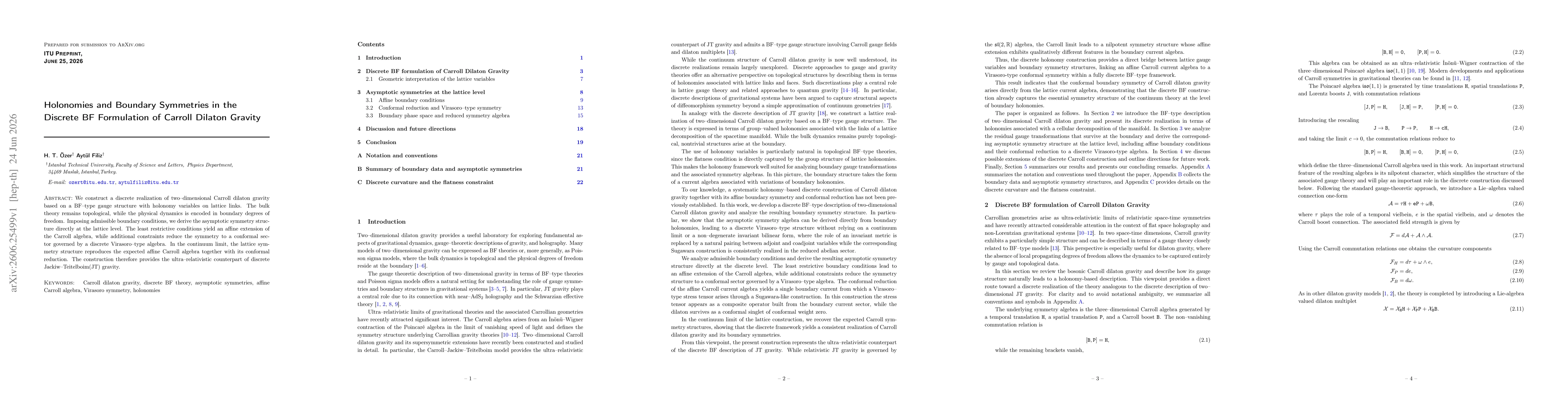 Thumbnail for Holonomies and Boundary Symmetries in the Discrete BF Formulation of Carroll Dilaton Gravity