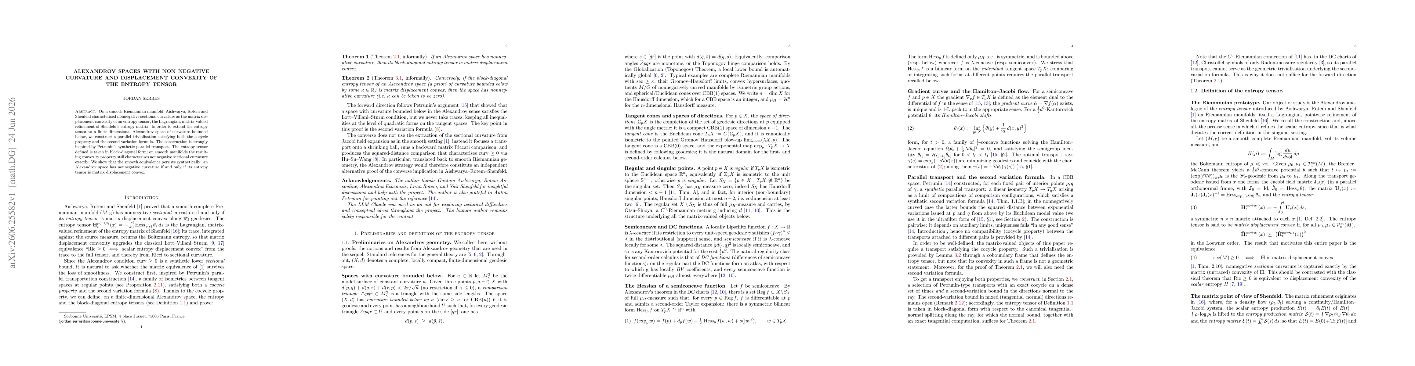 Thumbnail for Alexandrov spaces with non negative curvature and displacement convexity of the entropy tensor