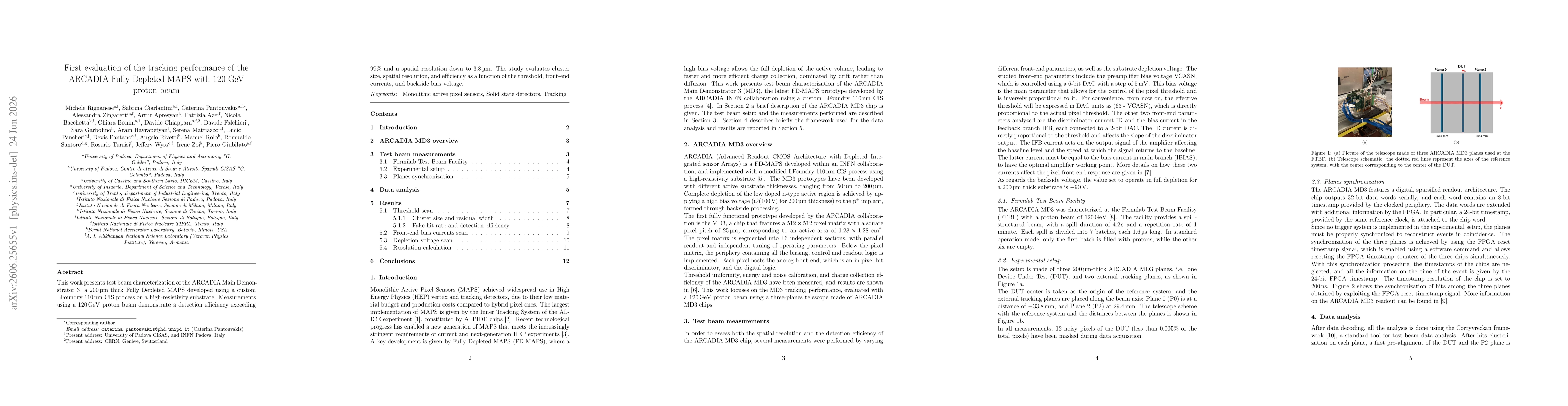 Thumbnail for First evaluation of the tracking performance of the ARCADIA Fully Depleted MAPS with 120 GeV proton beam