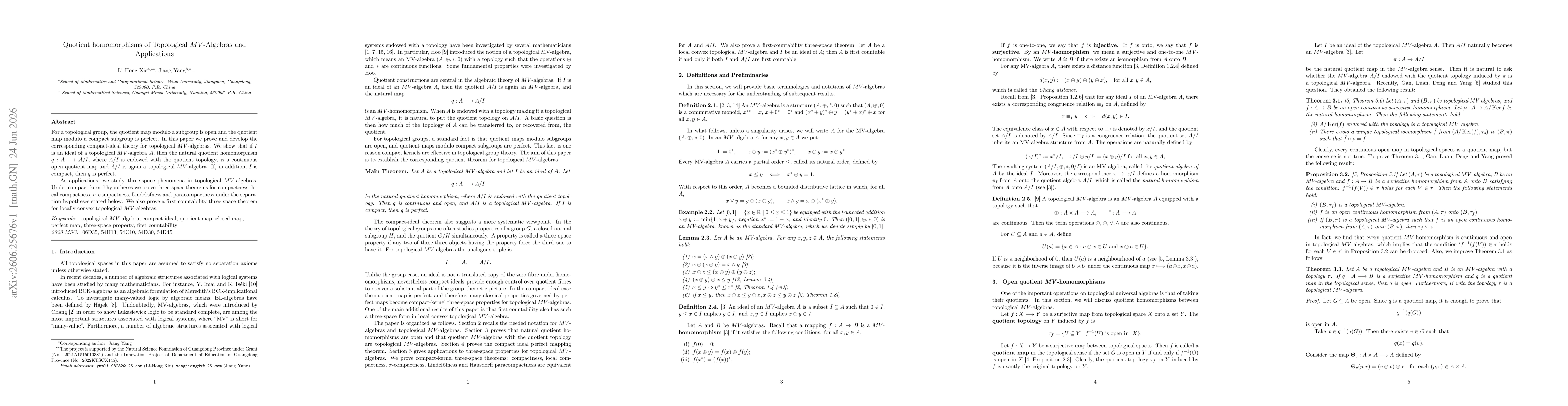 Thumbnail for Quotient homomorphisms of Topological MV-Algebras and Applications