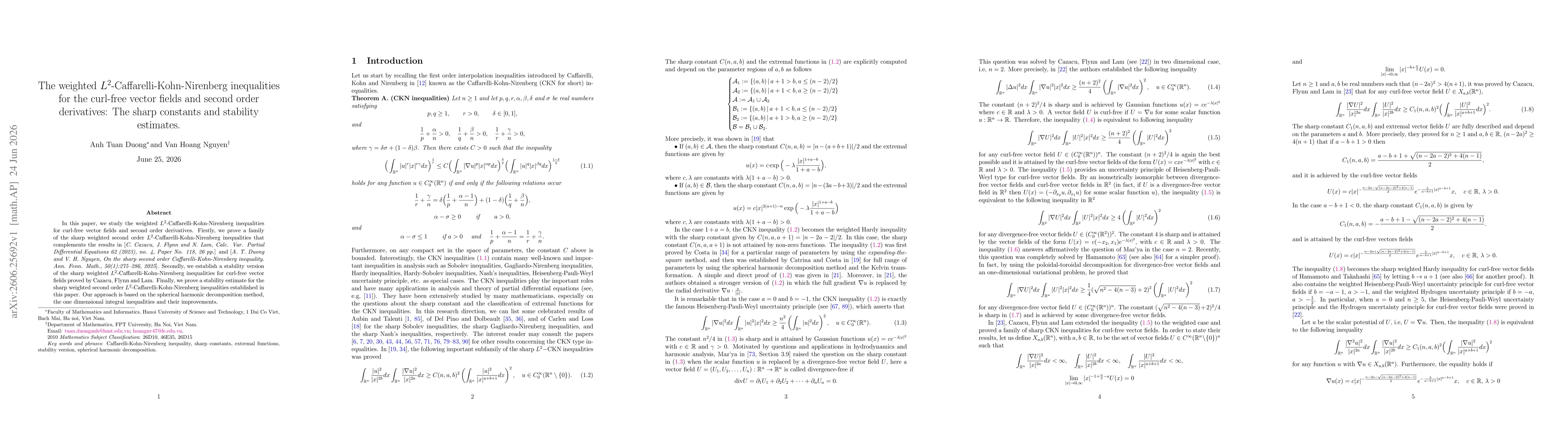 Thumbnail for The weighted $L^2$-Caffarelli-Kohn-Nirenberg inequalities for the curl-free vector fields and second order derivatives: The sharp constants and stability estimates