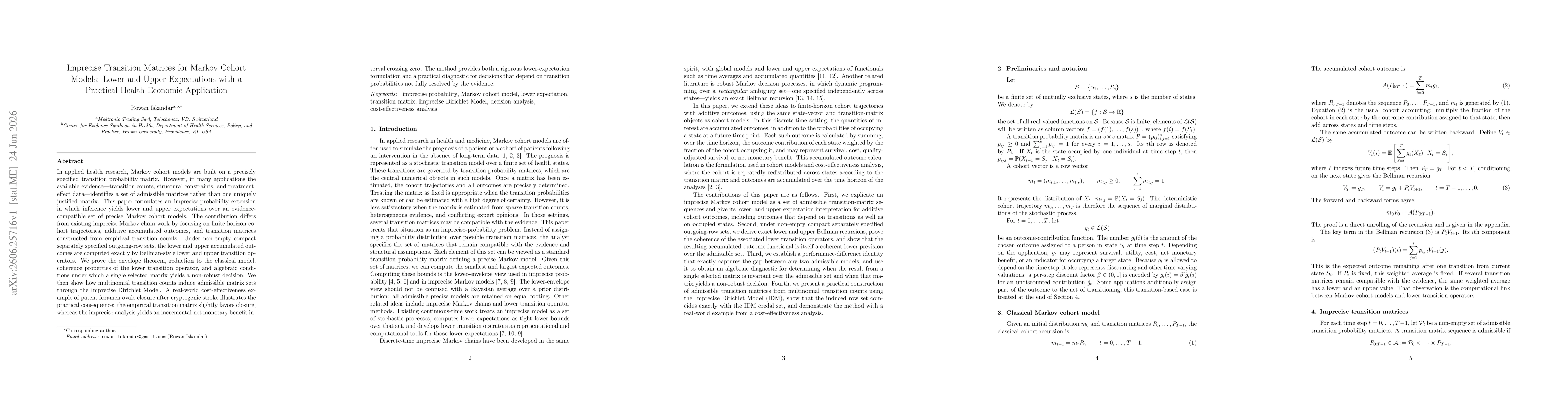 Thumbnail for Imprecise Transition Matrices for Markov Cohort Models: Lower and Upper Expectations with a Practical Health Economic Application