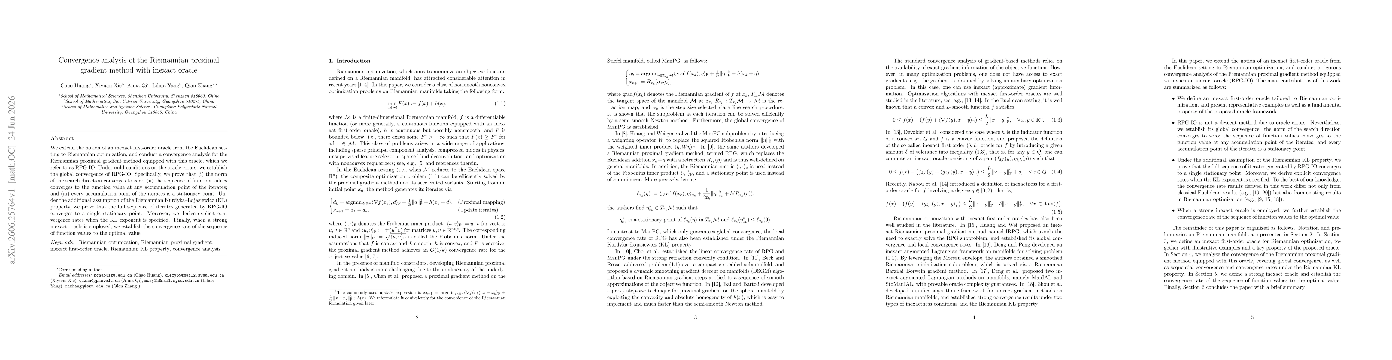 Thumbnail for Convergence analysis of the Riemannian proximal gradient method with inexact oracle