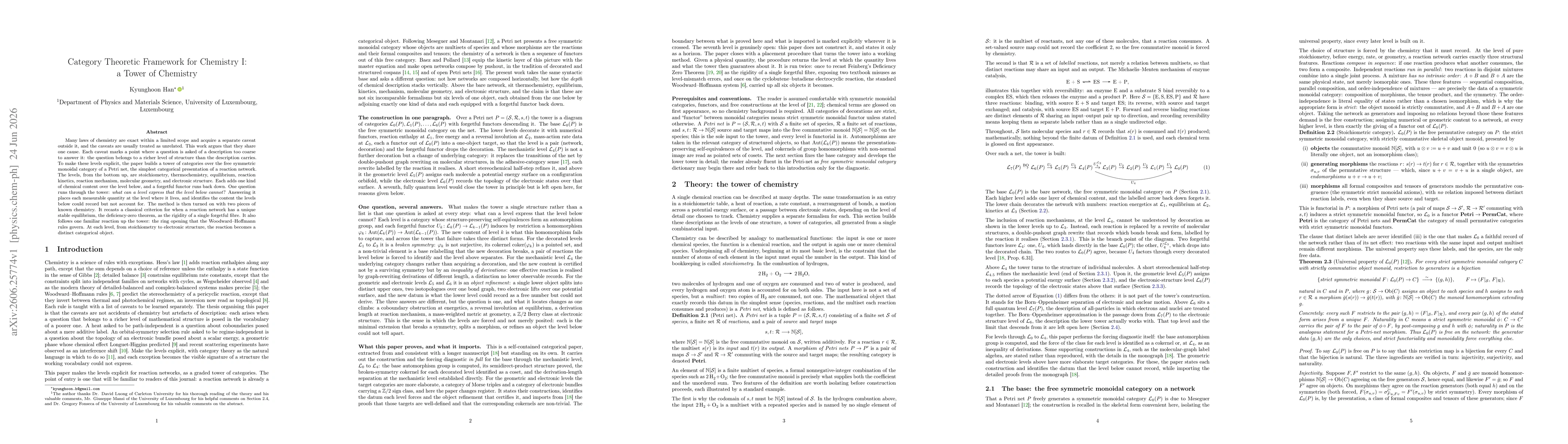 Thumbnail for Category Theoretic Framework for Chemistry I: a Tower of Chemistry