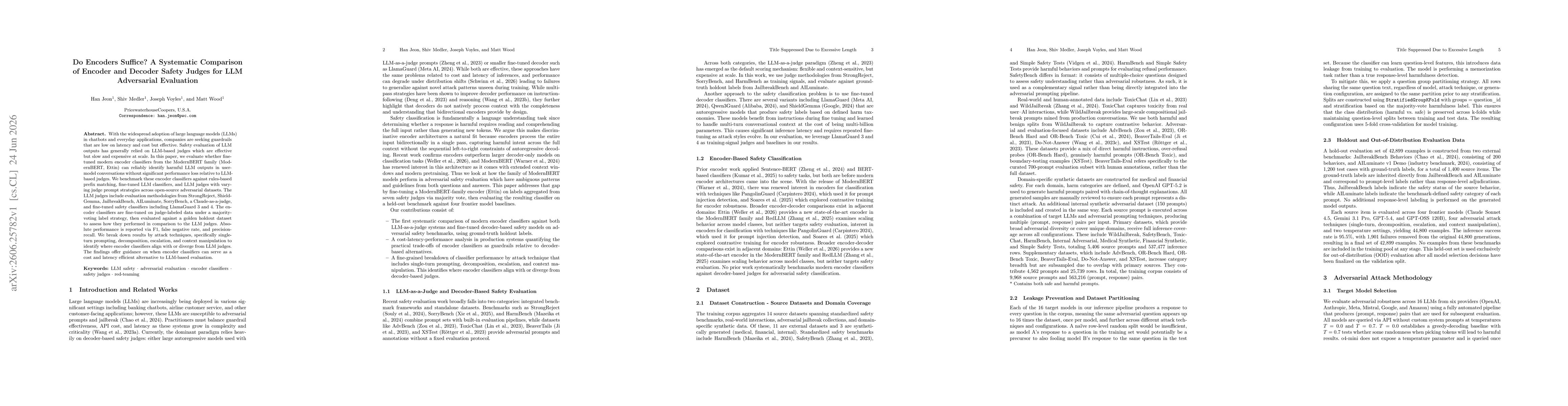 Thumbnail for Do Encoders Suffice? A Systematic Comparison of Encoder and Decoder Safety Judges for LLM Adversarial Evaluation