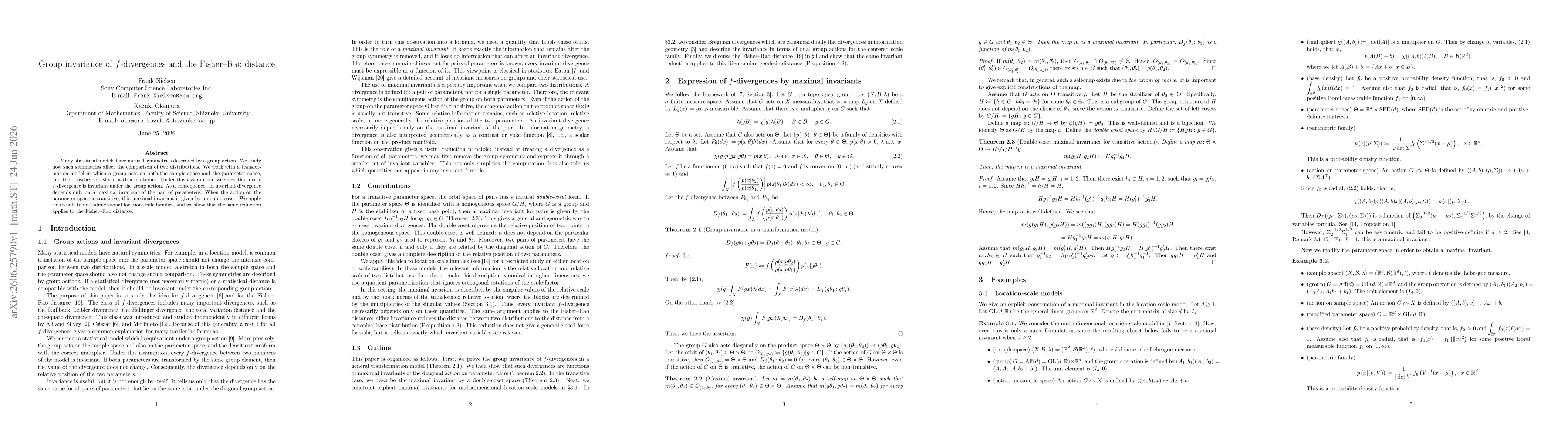 Thumbnail for Group invariance of $f$-divergences and the Fisher--Rao distance