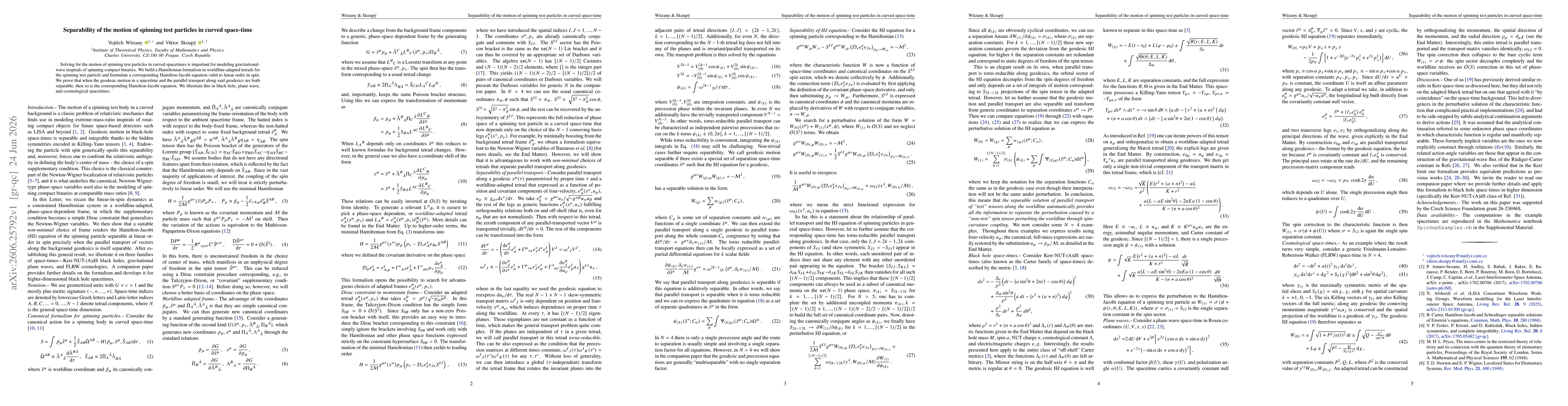 Thumbnail for Separability of the motion of spinning test particles in curved space-time