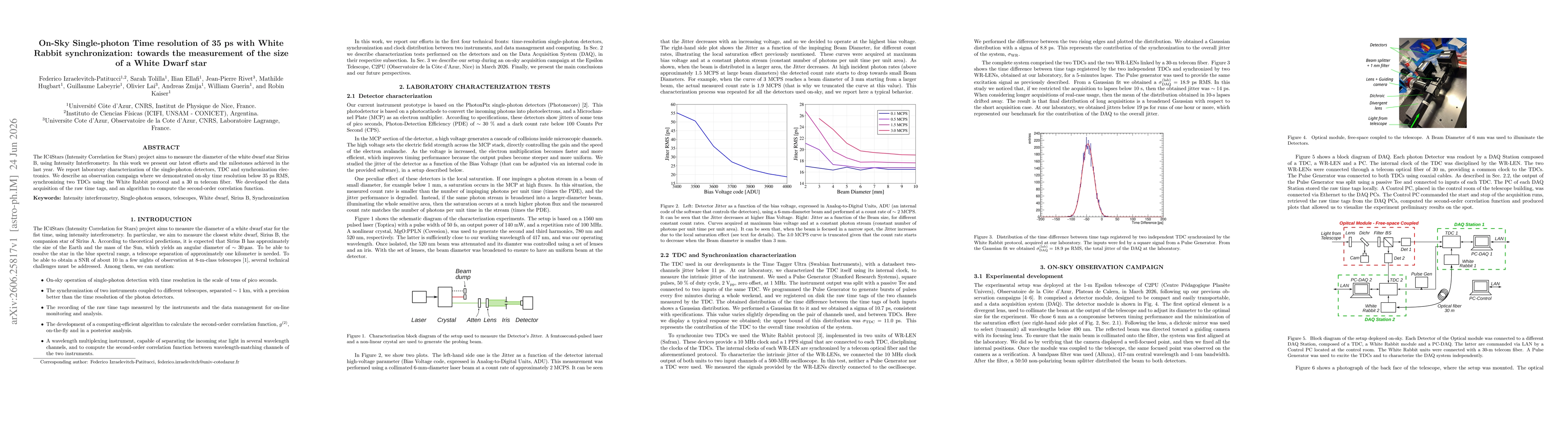 Thumbnail for On-Sky Single-photon Time resolution of 35 ps with White Rabbit synchronization: towards the measurement of the size of a White Dwarf star