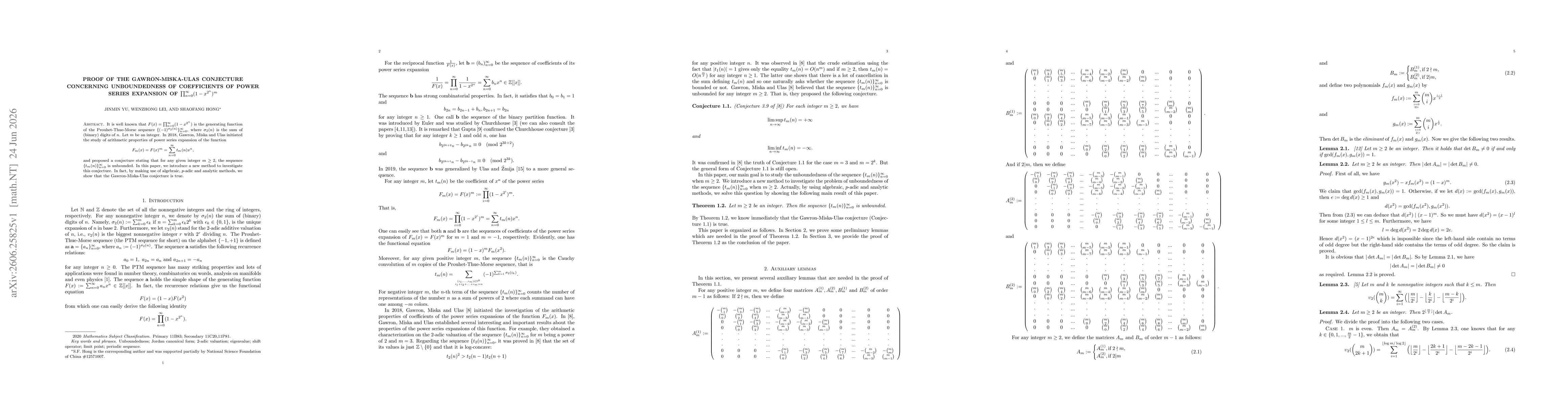 Thumbnail for Proof of the Gawron-Miska-Ulas conjecture concerning unboundedness of coefficients of power series expansion of $\prod_{n=0}^{\infty}(1-x^{2^{n}})^m$