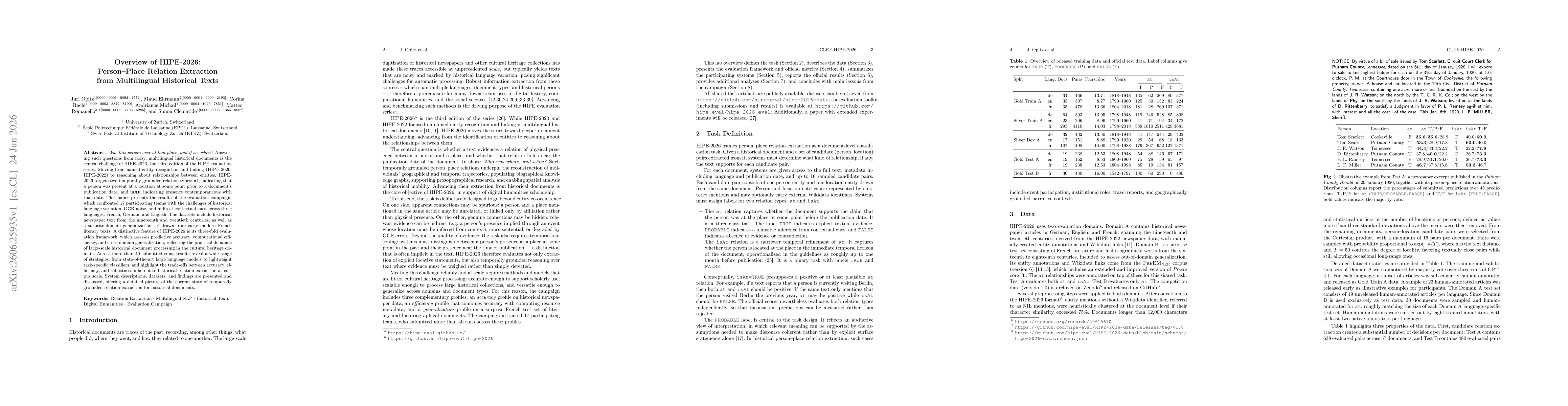 Thumbnail for Overview of HIPE-2026: Person-Place Relation Extraction from Multilingual Historical Texts