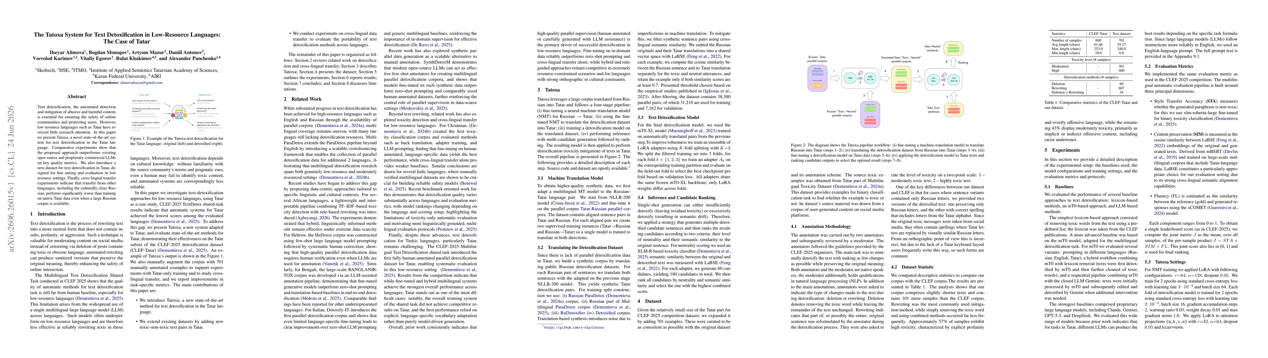 Thumbnail for The Tatoxa System for Text Detoxification in Low-Resource Languages: The Case of Tatar