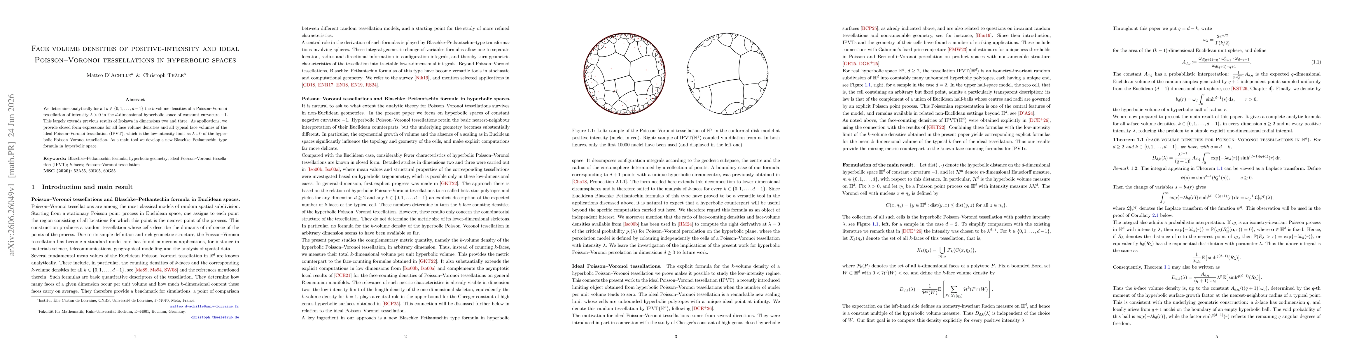 Thumbnail for Face volume densities of positive-intensity and ideal Poisson--Voronoi tessellations in hyperbolic spaces