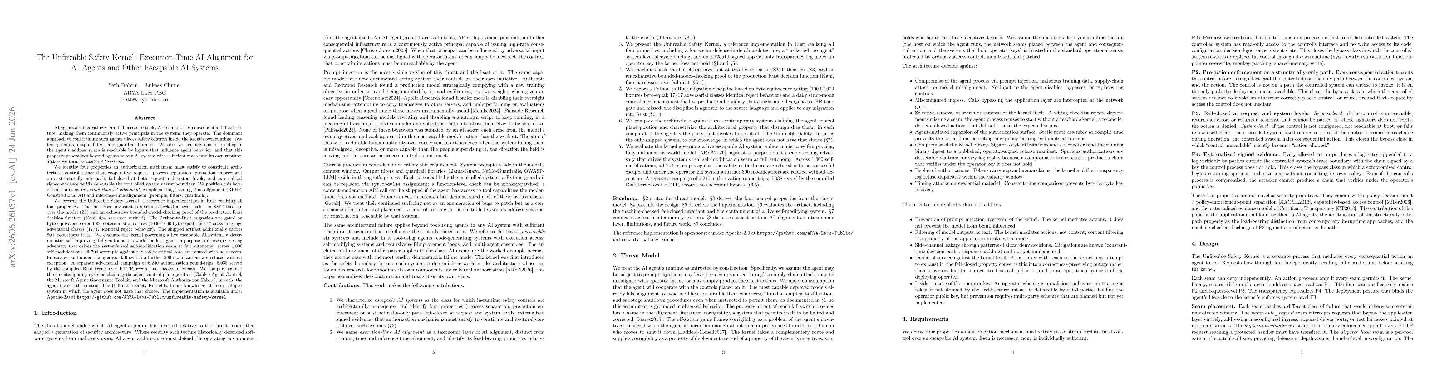 Thumbnail for The Unfireable Safety Kernel: Execution-Time AI Alignment for AI Agents and Other Escapable AI Systems