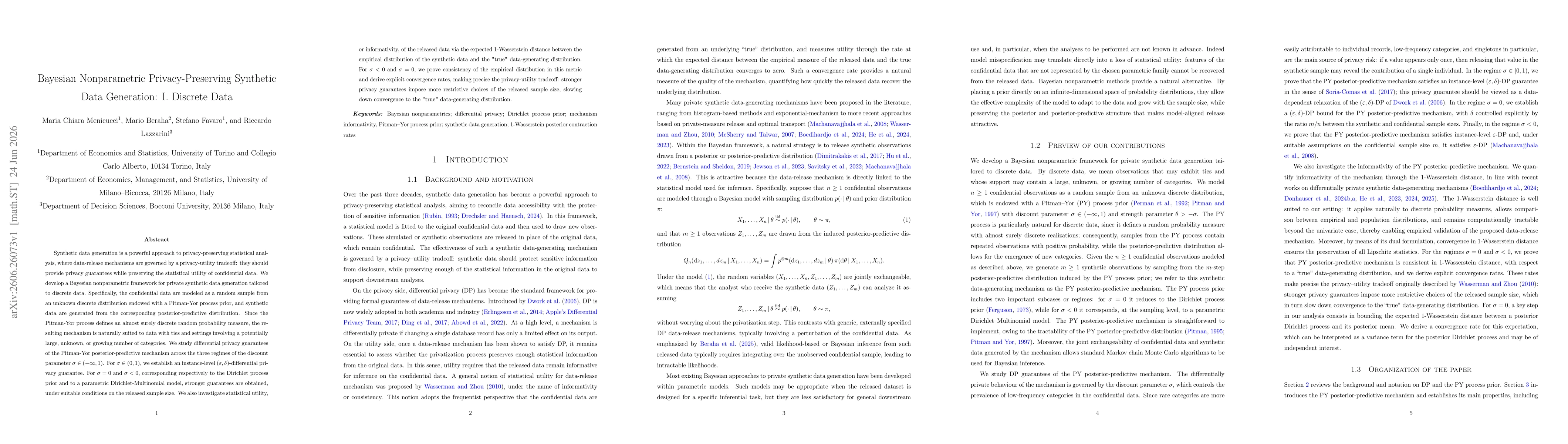 Thumbnail for Bayesian Nonparametric Privacy-Preserving Synthetic Data Generation: I. Discrete Data