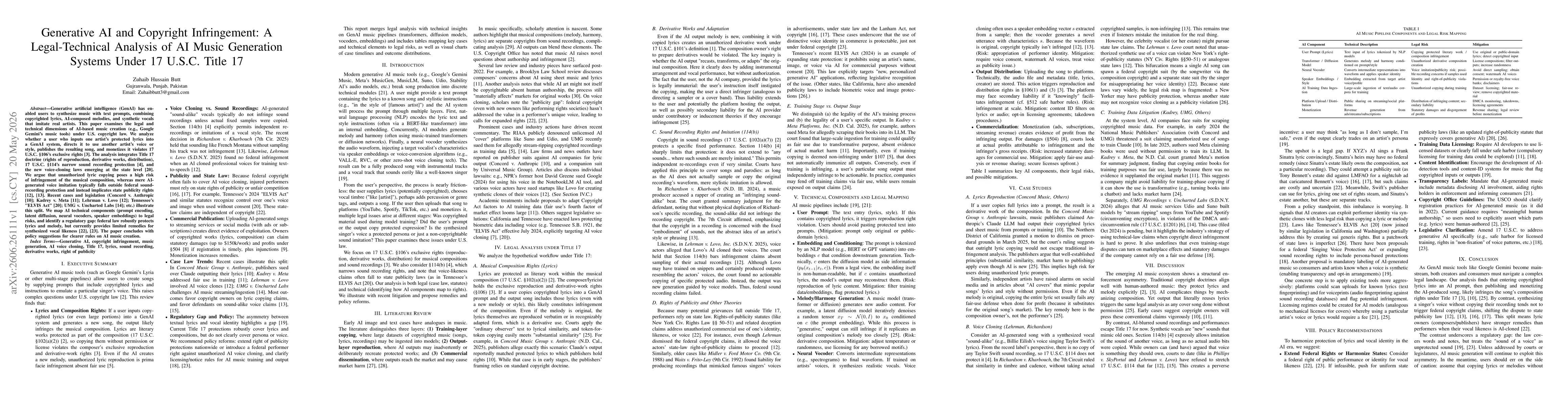Thumbnail for Generative AI and Copyright Infringement: A Legal-Technical Analysis of AI Music Generation Systems Under 17 U.S.C. Title 17