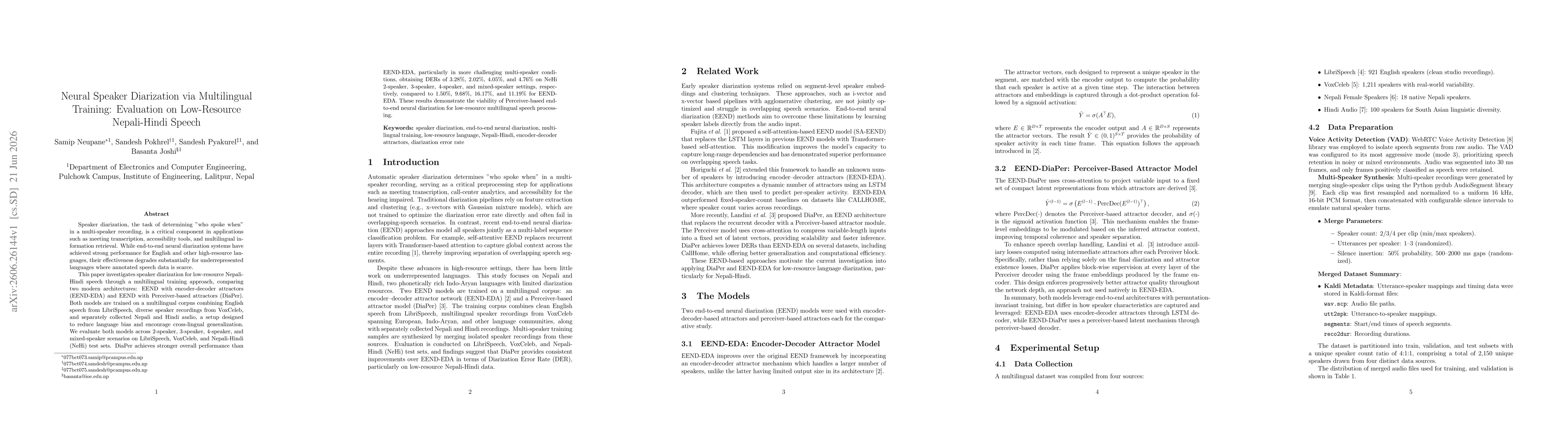 Thumbnail for Neural Speaker Diarization via Multilingual Training: Evaluation on Low-Resource Nepali-Hindi Speech