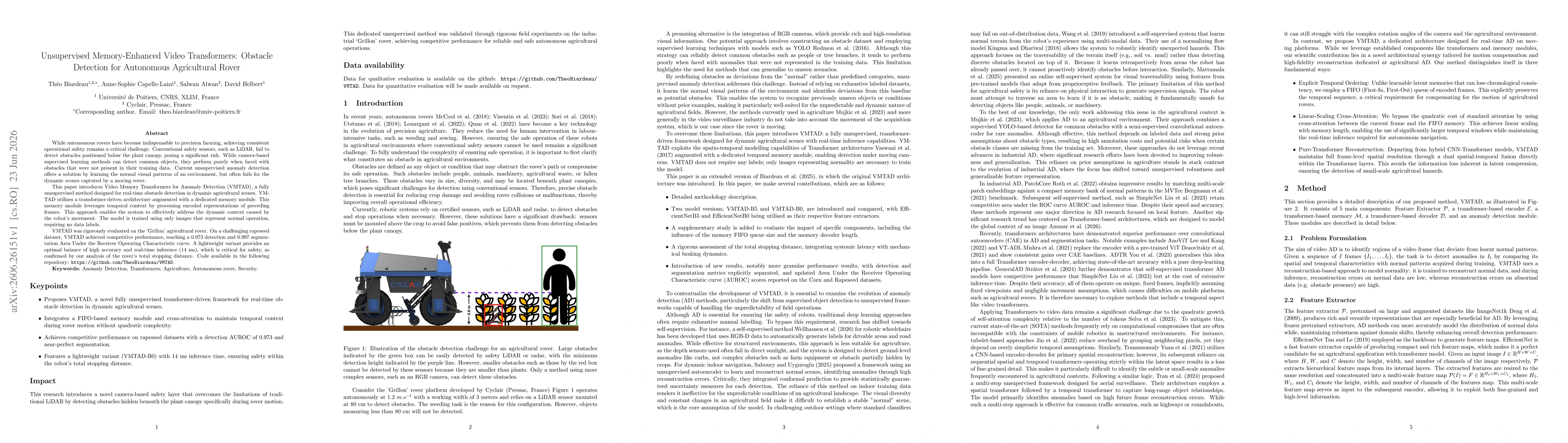 Thumbnail for Unsupervised Memory-Enhanced Video Transformers: Obstacle Detection for Autonomous Agricultural Rover