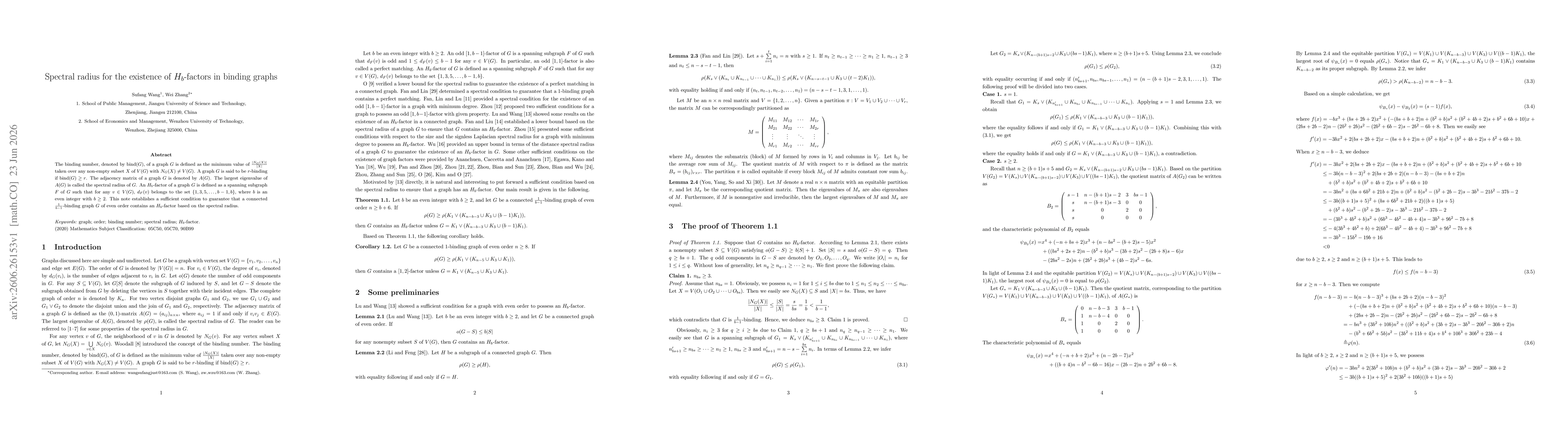 Thumbnail for Spectral radius for the existence of $H_b$-factors in binding graphs