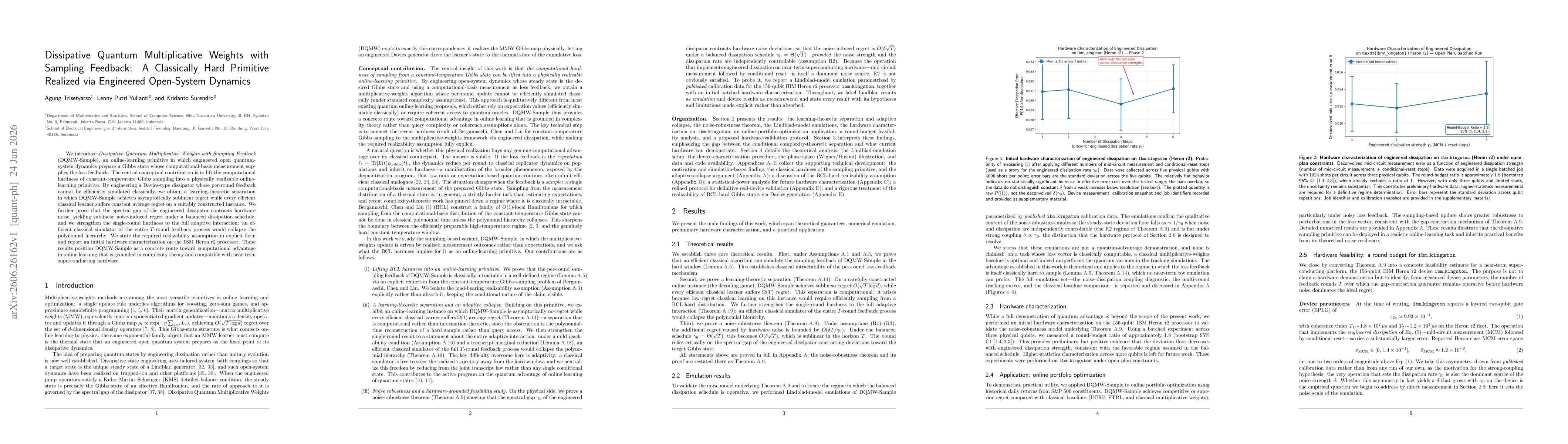 Thumbnail for Dissipative Quantum Multiplicative Weights with Sampling Feedback: A Classically Hard Primitive Realized via Engineered Open-System Dynamics