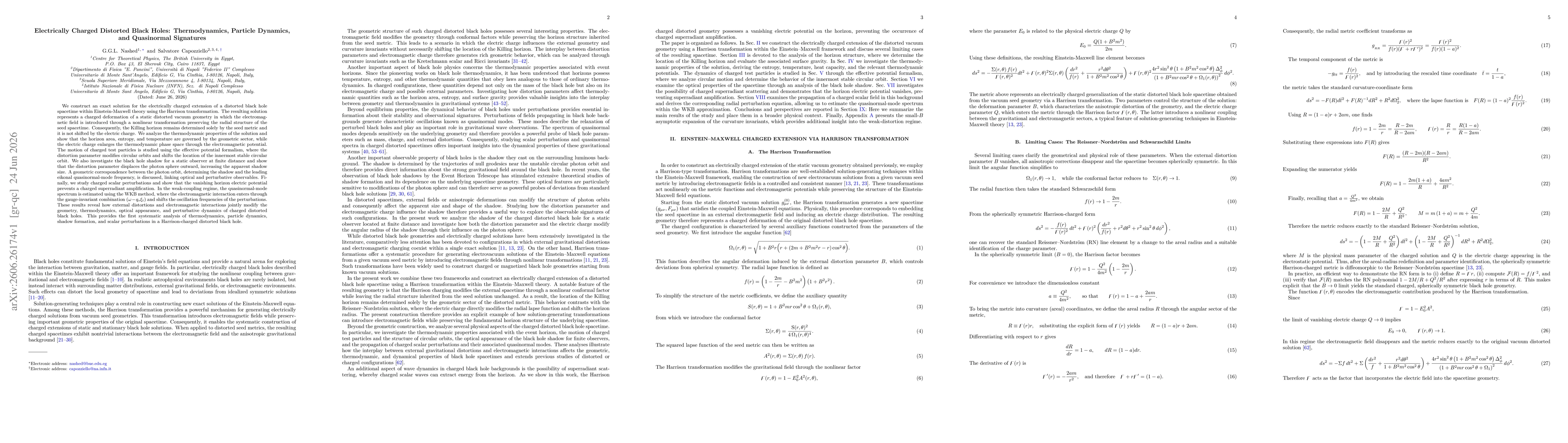 Thumbnail for Electrically Charged Distorted Black Holes: Thermodynamics, Particle Dynamics, and Quasinormal Signatures