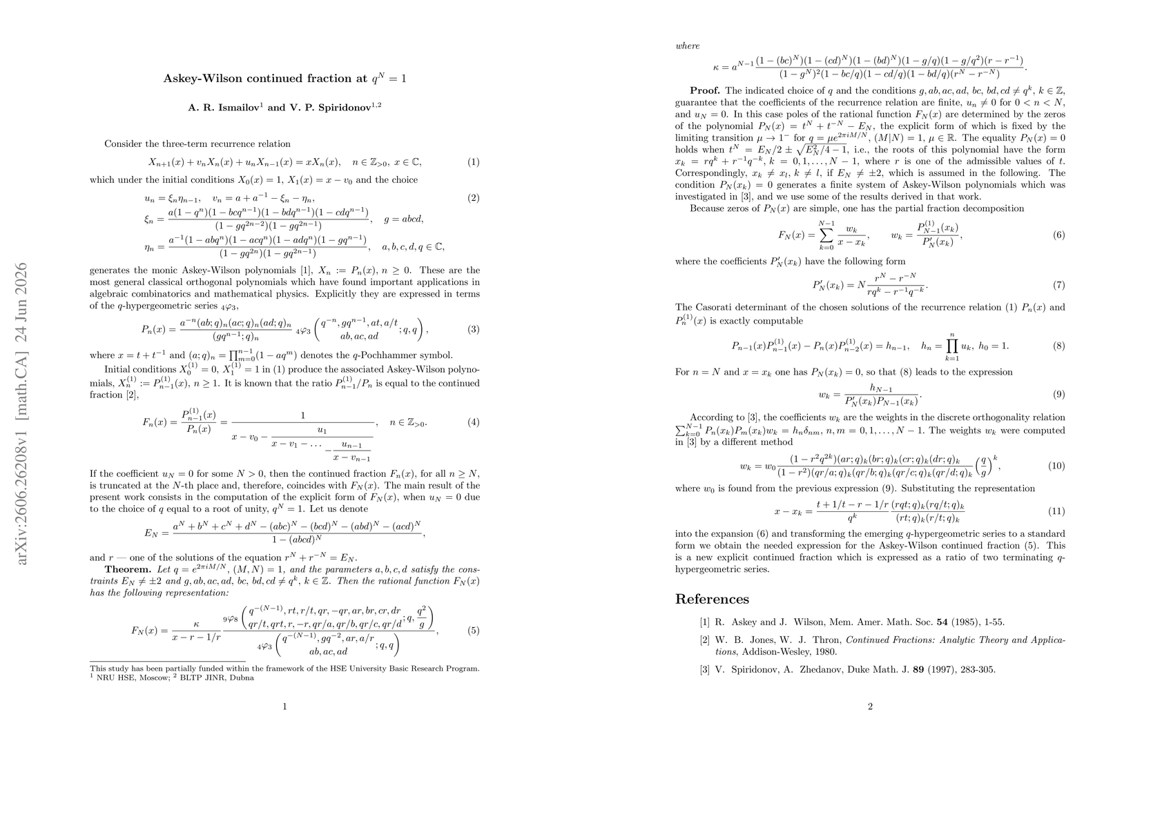 Thumbnail for Askey-Wilson continued fraction at $q^N=1$