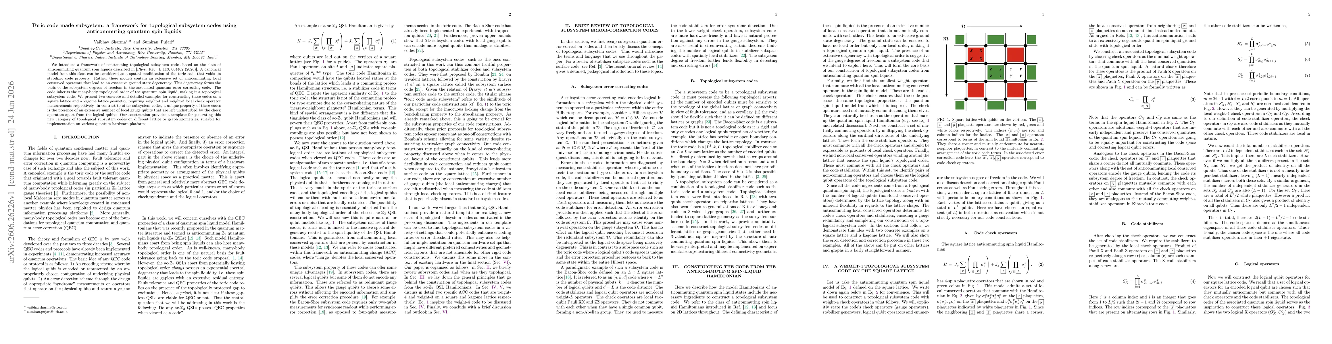 Thumbnail for Toric code made subsystem: a framework for topological subsystem codes using anticommuting quantum spin liquids