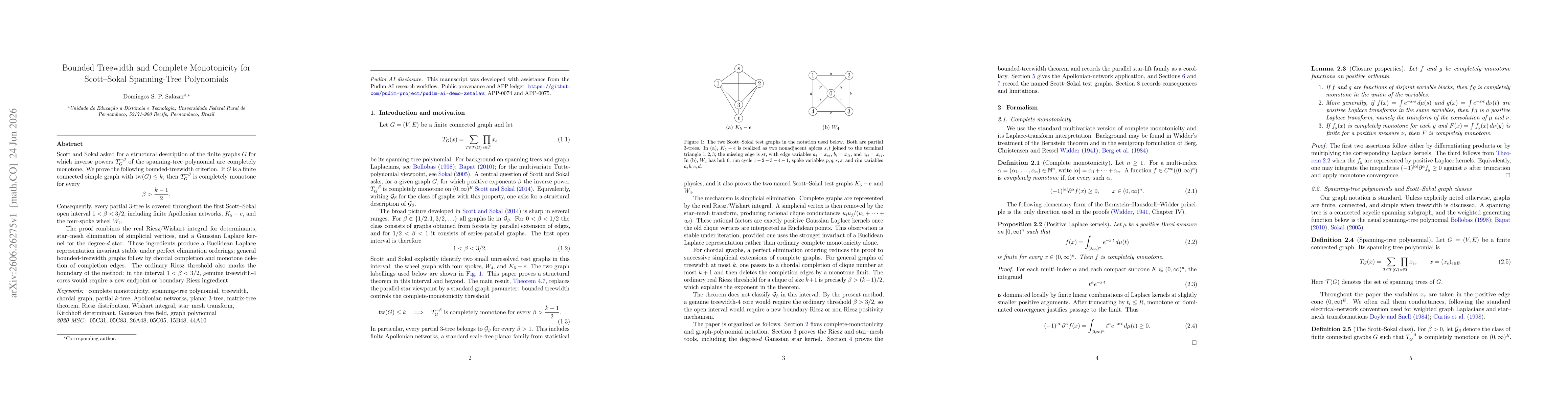 Thumbnail for Bounded Treewidth and Complete Monotonicity for Scott-Sokal Spanning-Tree Polynomials