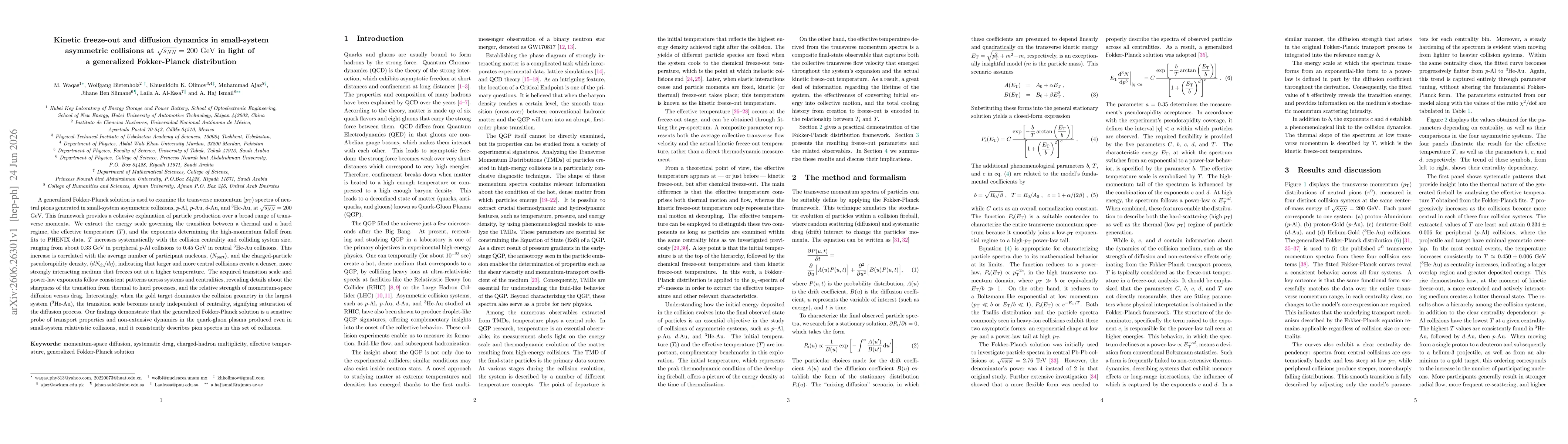 Thumbnail for Kinetic freeze-out and diffusion dynamics in small-system asymmetric collisions at sqrt(sNN)=200 GeV in light of a generalized Fokker-Planck distribution