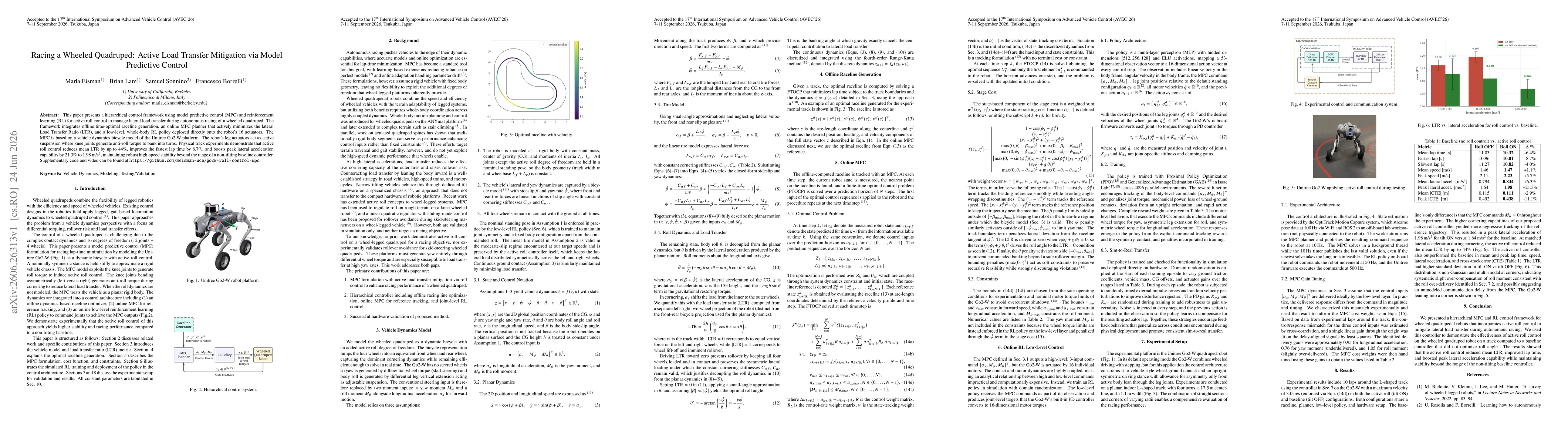 Thumbnail for Racing a Wheeled Quadruped: Active Load Transfer Mitigation via Model Predictive Control