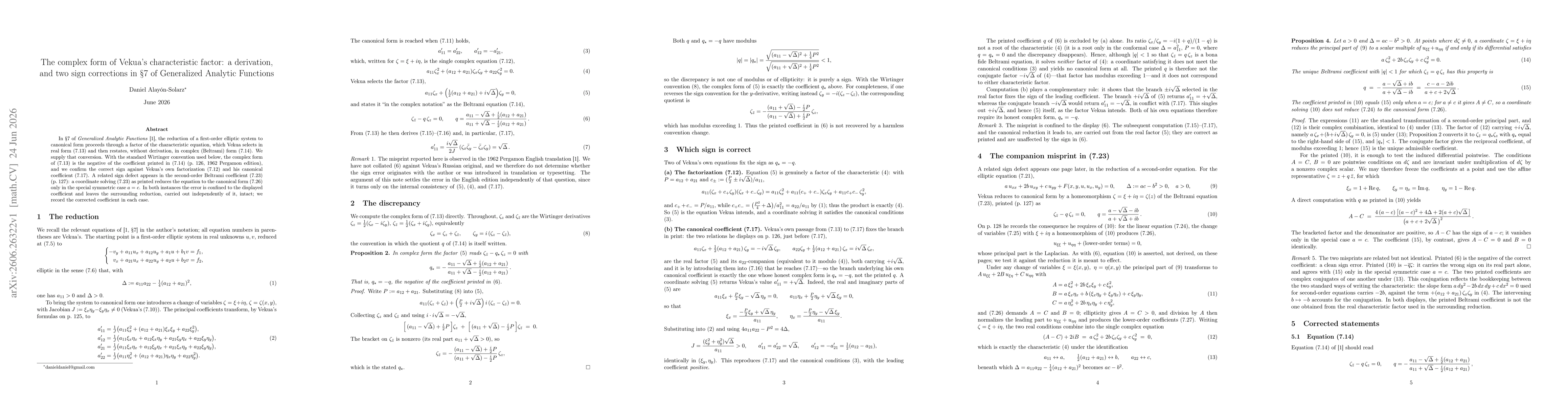 Thumbnail for The complex form of Vekua's characteristic factor: a derivation, and two sign corrections in §7 of Generalized Analytic Functions