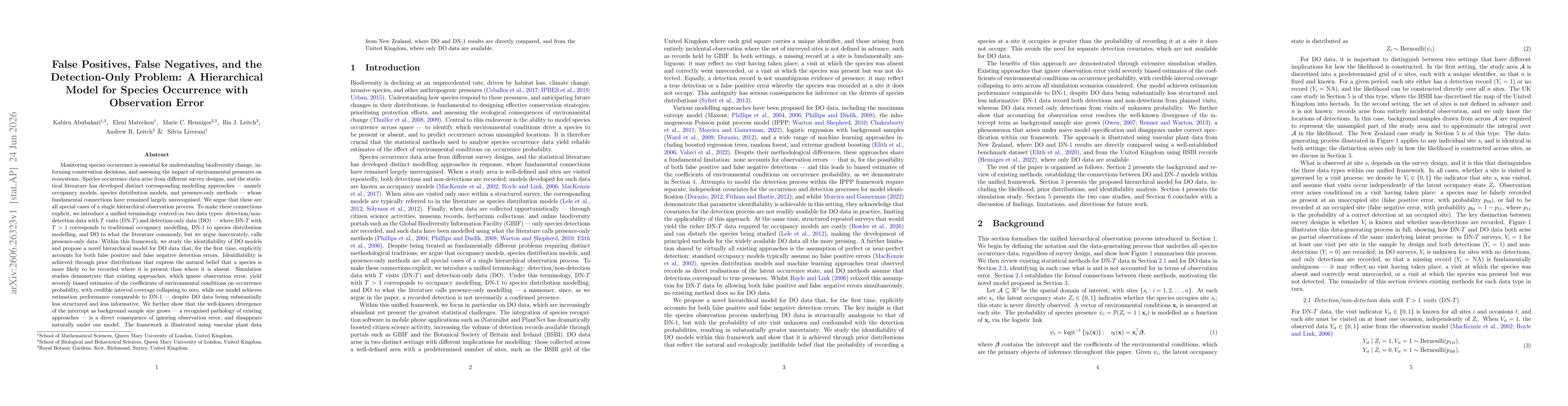 Thumbnail for False Positives, False Negatives, and the Detection-Only Problem: A Hierarchical Model for Species Occurrence with Observation Error