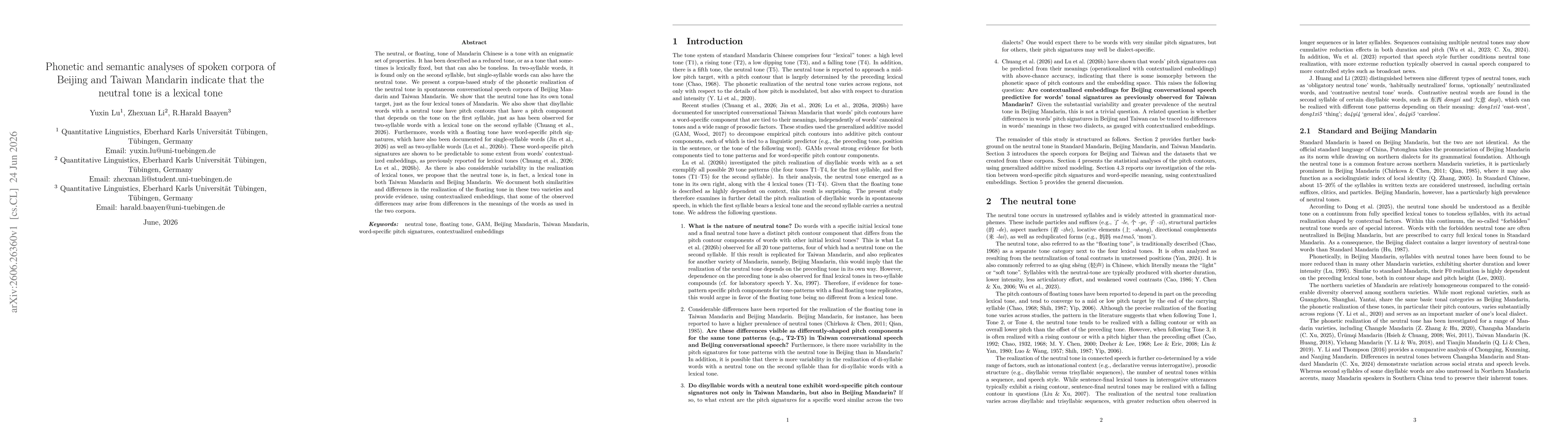 Thumbnail for Phonetic and semantic analyses of spoken corpora of Beijing and Taiwan Mandarin indicate that the neutral tone is a lexical tone