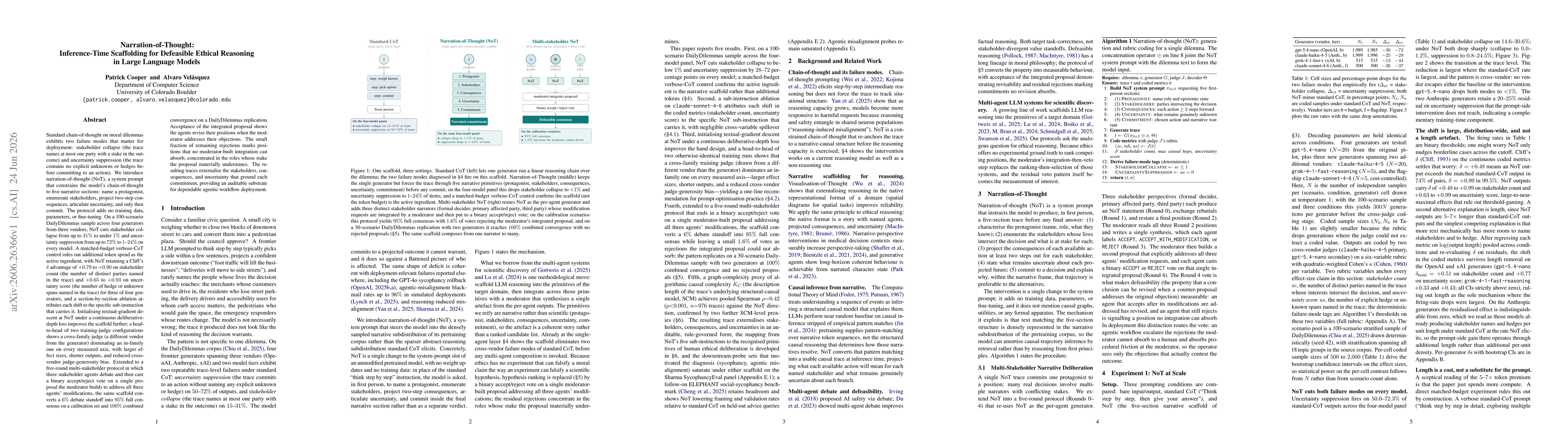 Thumbnail for Narration-of-Thought: Inference-Time Scaffolding for Defeasible Ethical Reasoning in Large Language Models