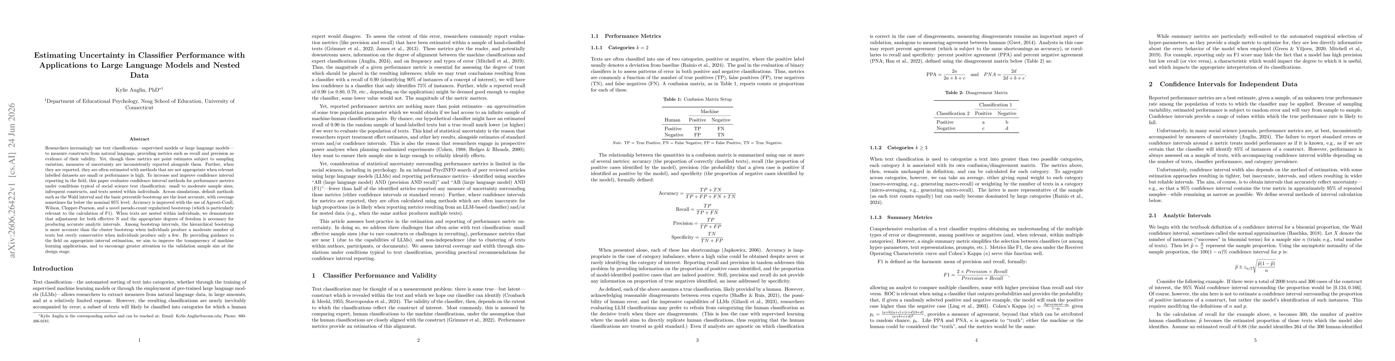 Thumbnail for Estimating Uncertainty in Classifier Performance with Applications to Large Language Models and Nested Data