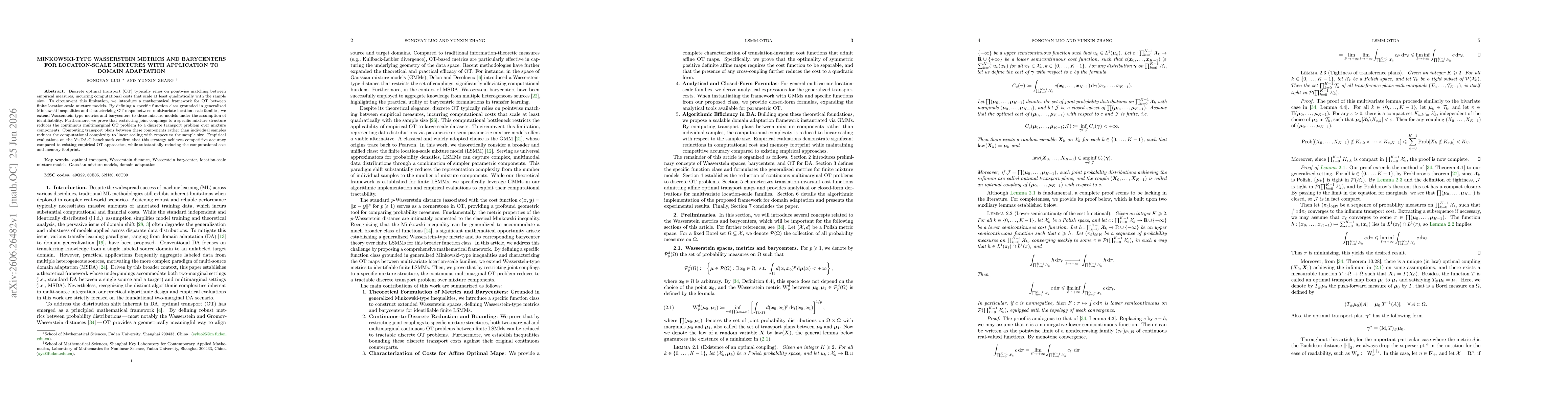 Thumbnail for Minkowski-Type Wasserstein Metrics and Barycenters for Location-Scale Mixtures with Application to Domain Adaptation