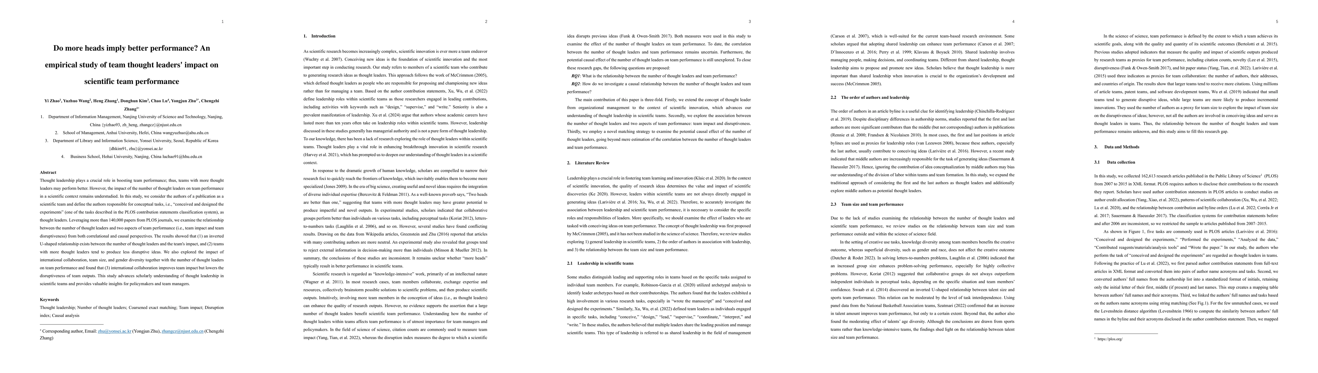 Thumbnail for Do more heads imply better performance? An empirical study of team thought leaders' impact on scientific team performance