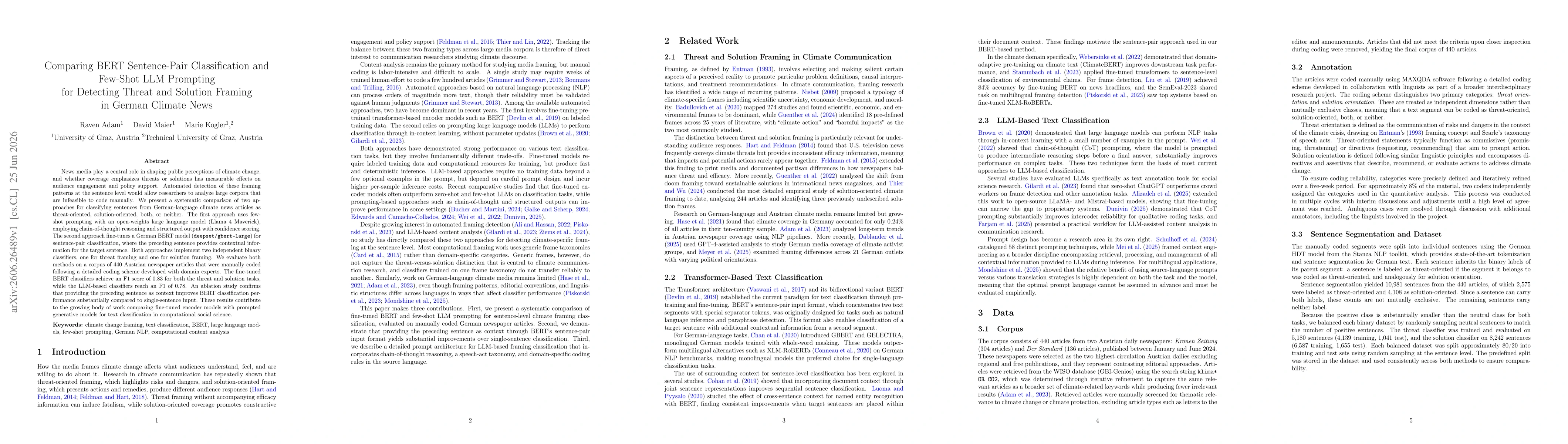 Thumbnail for Comparing BERT Sentence-Pair Classification and Few-Shot LLM Prompting for Detecting Threat and Solution Framing in German Climate News