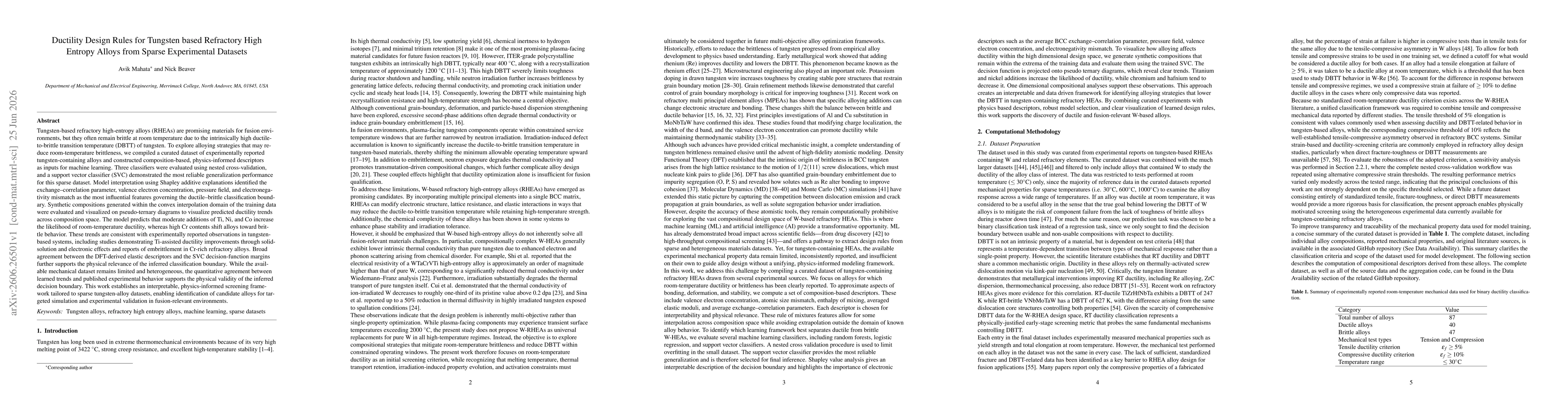 Thumbnail for Ductility Design Rules for Tungsten based Refractory High Entropy Alloys from Sparse Experimental Datasets