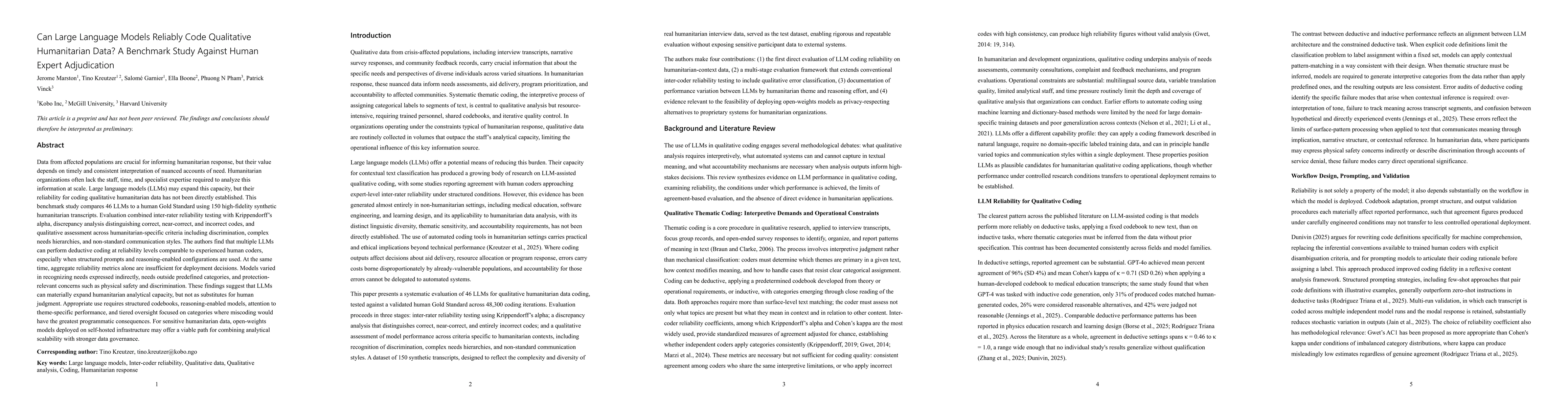 Thumbnail for Can Large Language Models Reliably Code Qualitative Humanitarian Data? A Benchmark Study Against Human Expert Adjudication