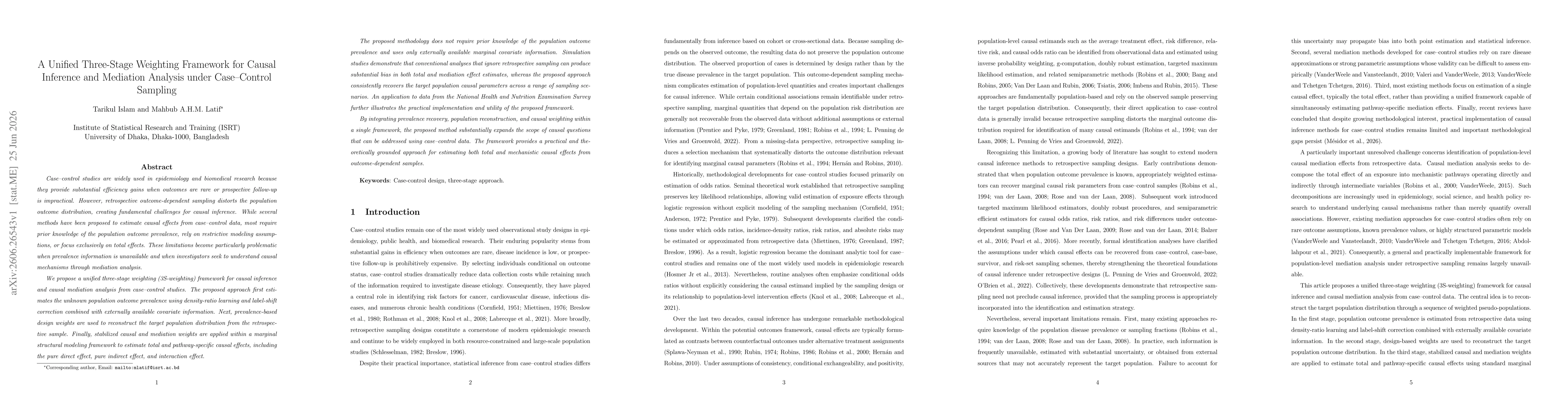 Thumbnail for A Unified Three-Stage Weighting Framework for Causal Inference and Mediation Analysis under Case-Control Sampling