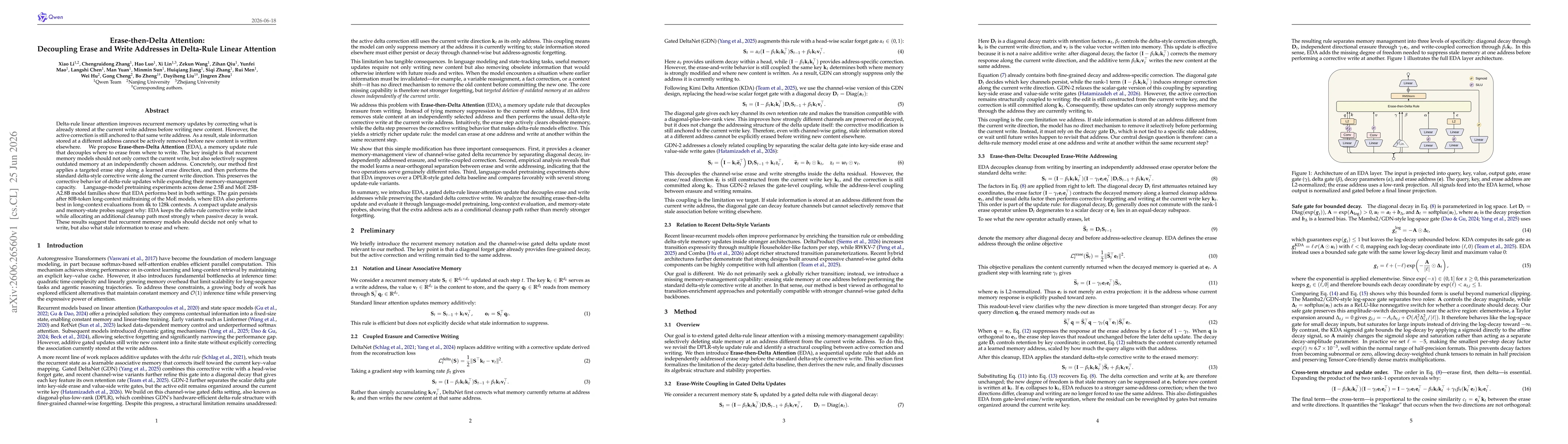 Thumbnail for Erase-then-Delta Attention: Decoupling Erase and Write Addresses in Delta-Rule Linear Attention