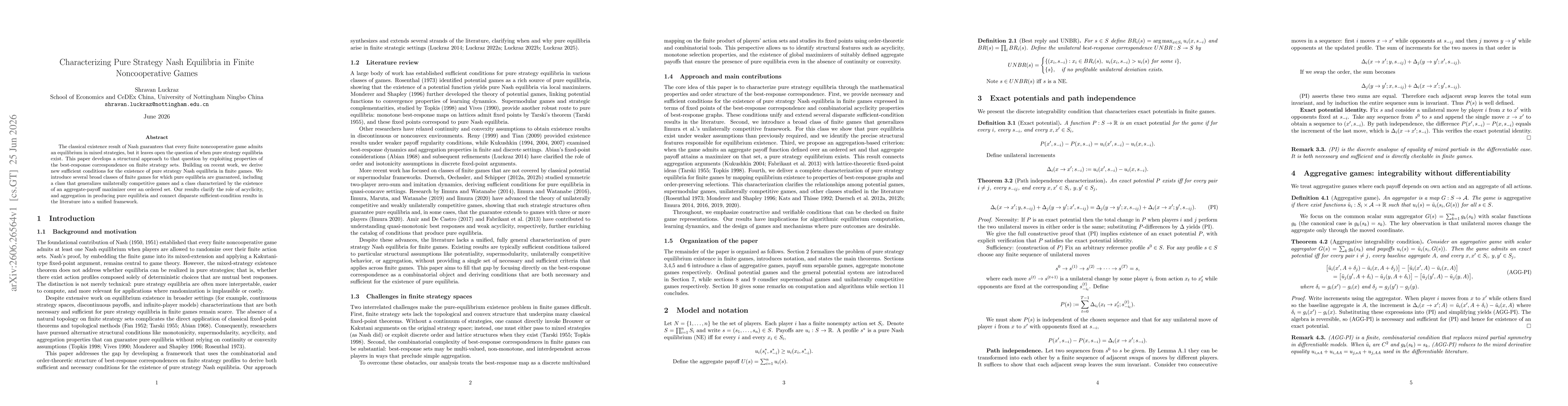 Thumbnail for Characterizing Pure Strategy Nash Equilibria in Finite Noncooperative Games