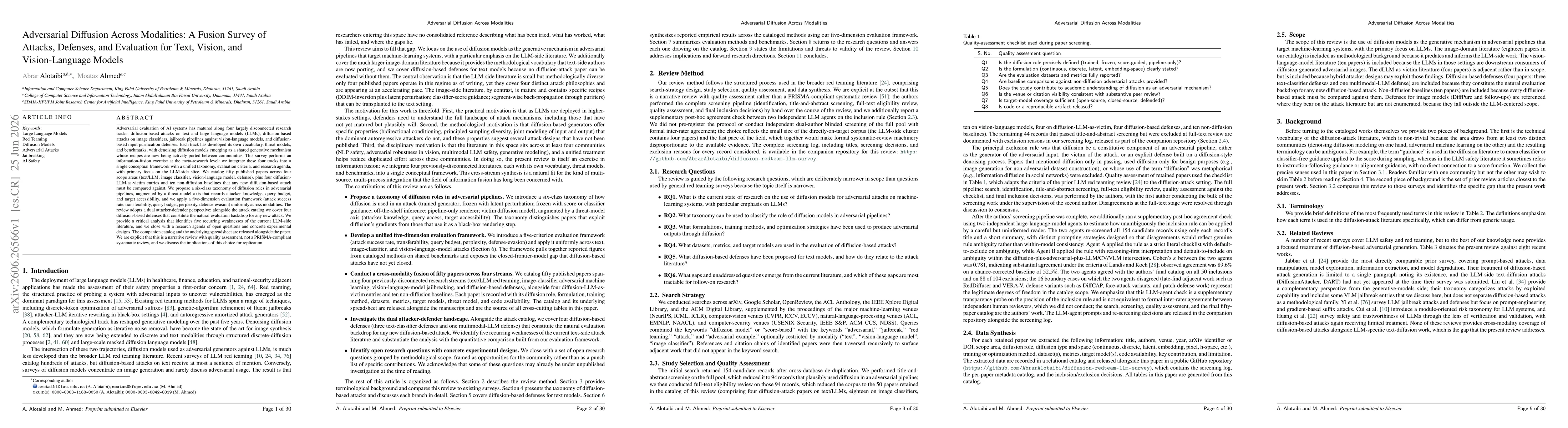 Thumbnail for Adversarial Diffusion Across Modalities: A Fusion Survey of Attacks, Defenses, and Evaluation for Text, Vision, and Vision-Language Models