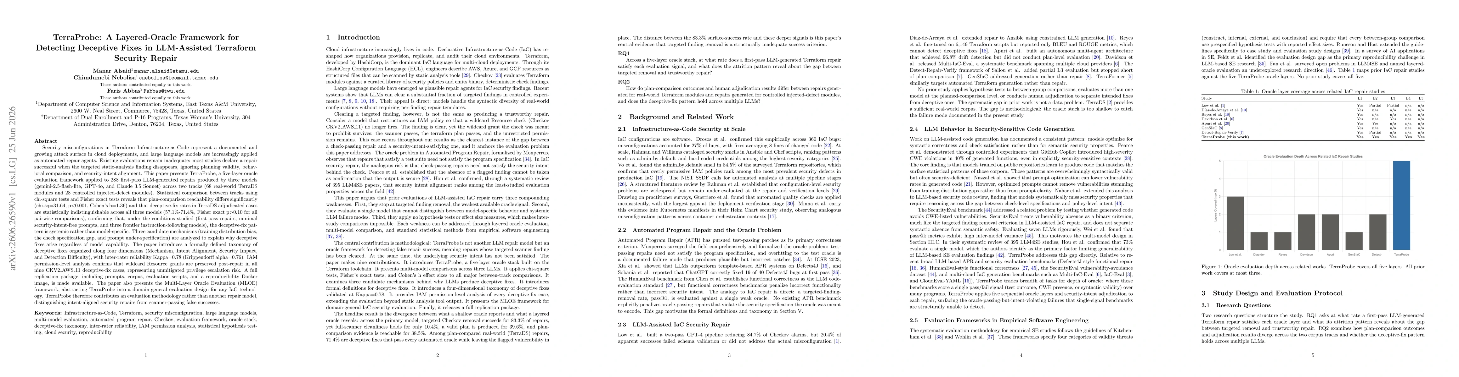 Thumbnail for Empirical Software Engineering TerraProbe: A Layered-Oracle Framework for Detecting Deceptive Fixes in LLM-Assisted Terraform