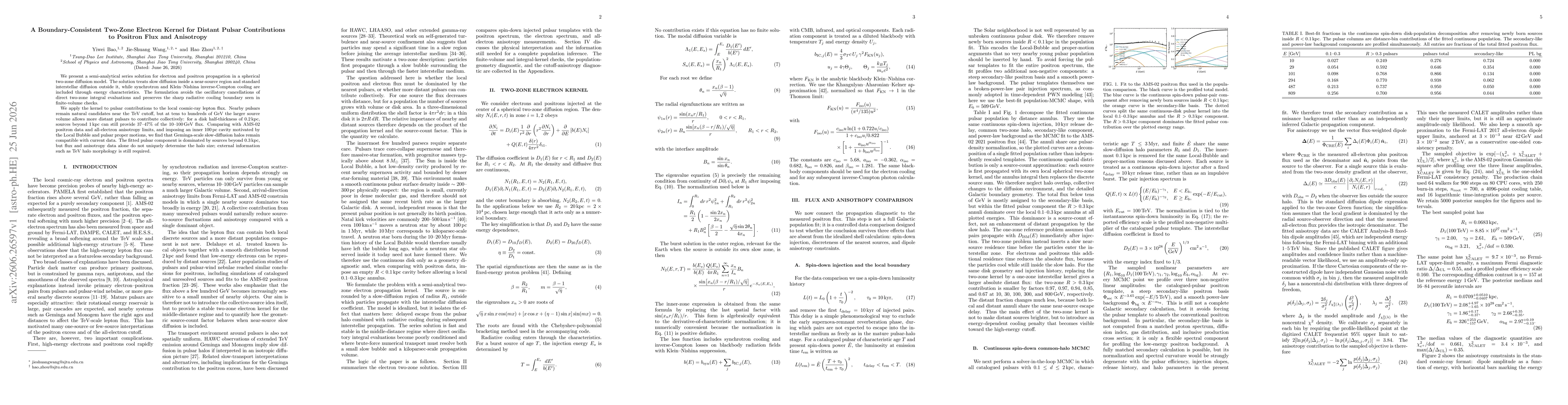 Thumbnail for A Boundary-Consistent Two-Zone Electron Kernel for Distant Pulsar Contributions to Positron Flux and Anisotropy