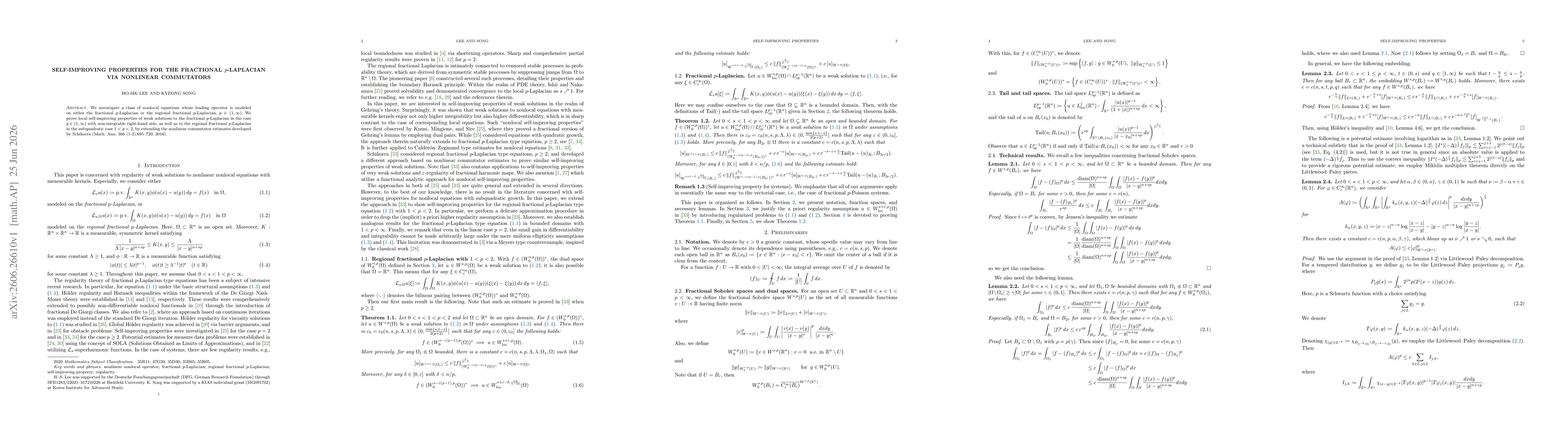Thumbnail for Self-improving properties for the fractional $p$-Laplacian via nonlinear commutators