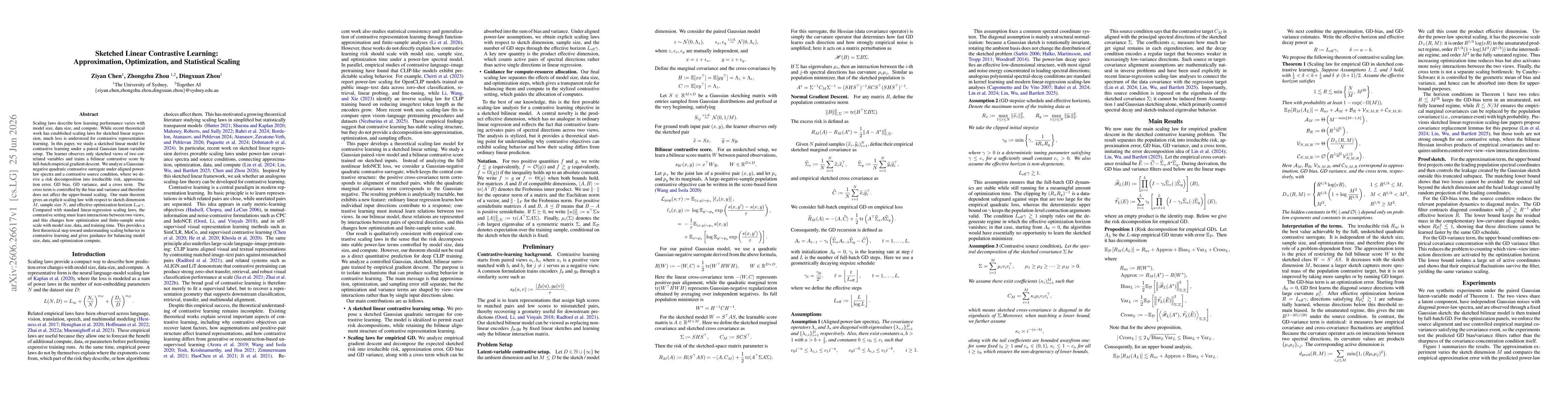 Thumbnail for Sketched Linear Contrastive Learning: Approximation, Optimization, and Statistical Scaling