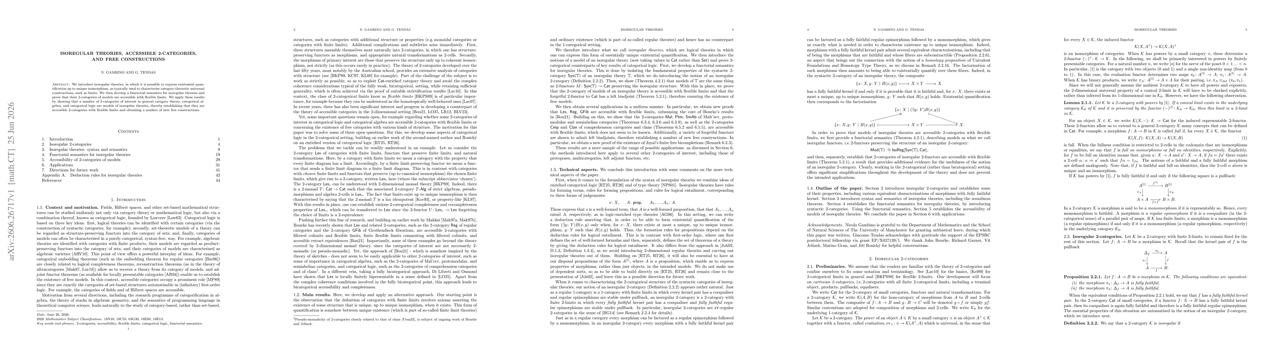 Thumbnail for Isoregular theories, accessible 2-categories, and free constructions